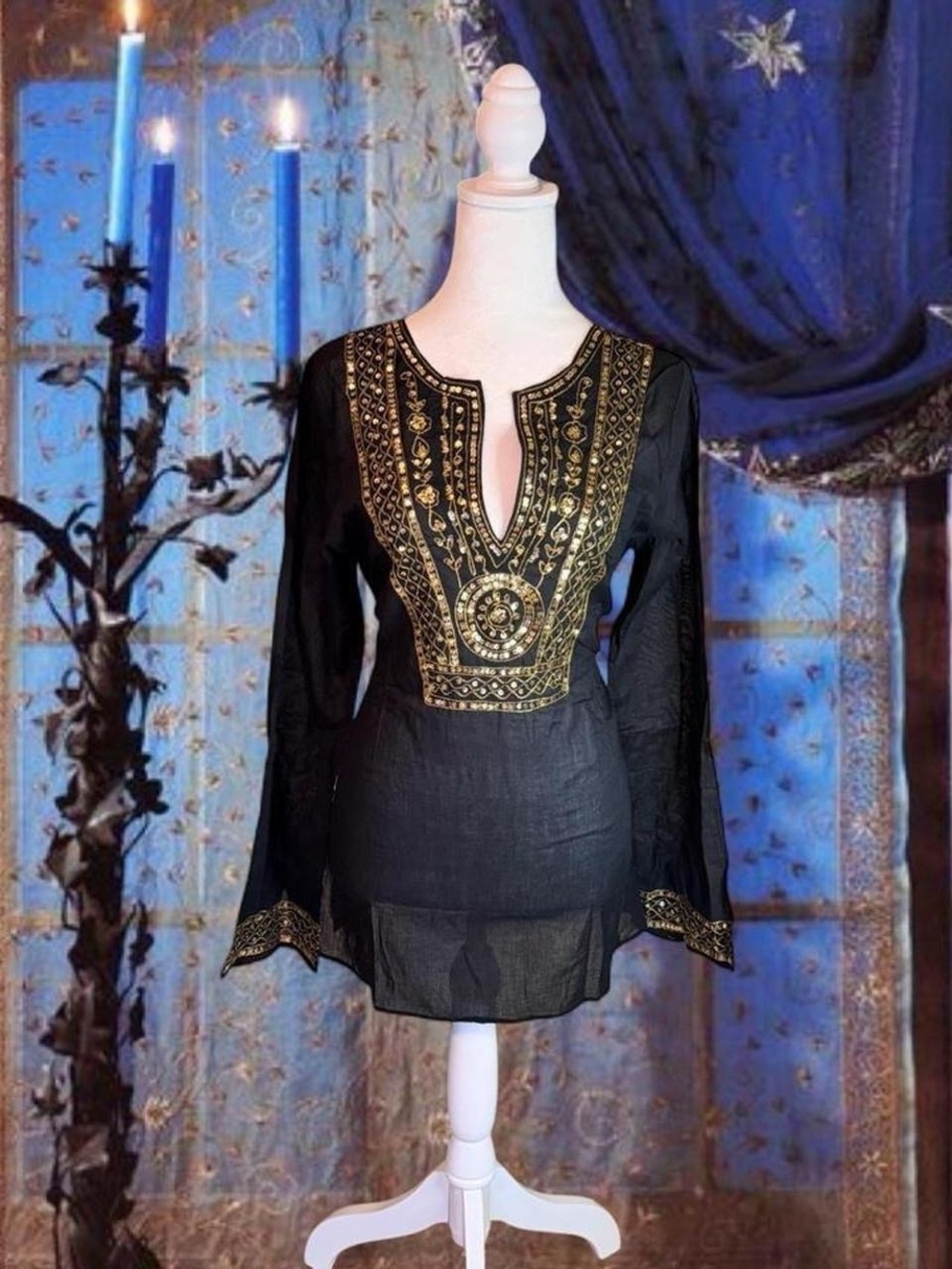 Vintage Y2K Deadstock Fairycore Boho Sequin Black Flowy Top BNWT